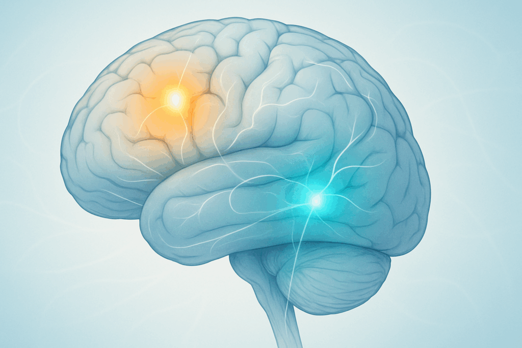 Digital illustration of a human brain showing neurotransmitter activity in dopamine and norepinephrine regions, related to stimulant vs non stimulant adhd meds.
