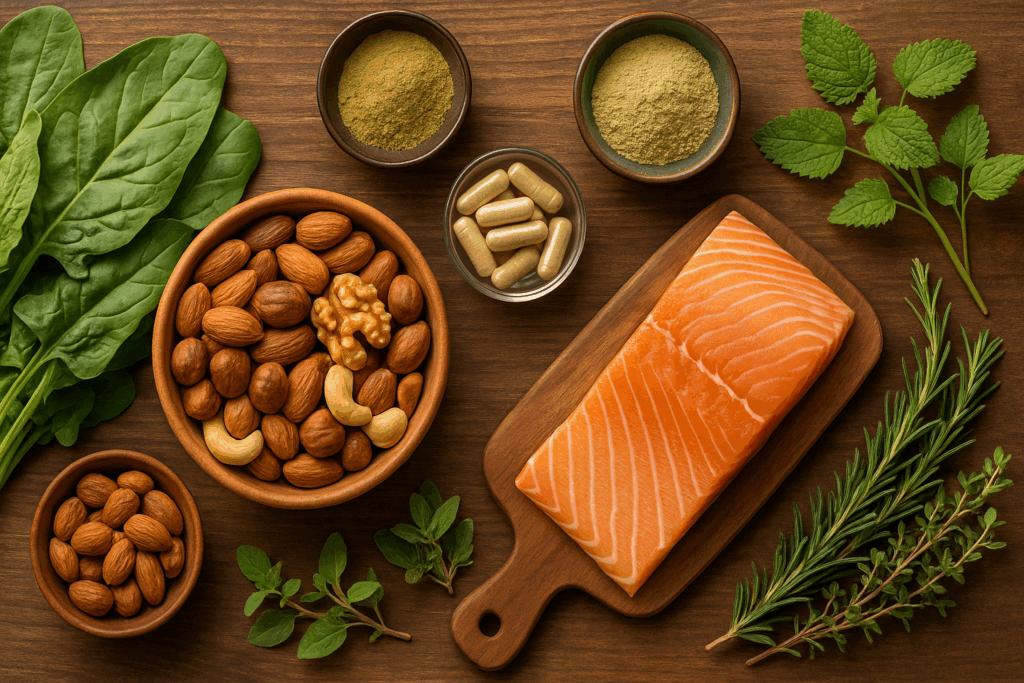 Flat lay of salmon, leafy greens, nuts, herbal supplements, and capsules on a wooden table, representing natural alternatives in the stimulant vs non stimulant adhd meds debate.