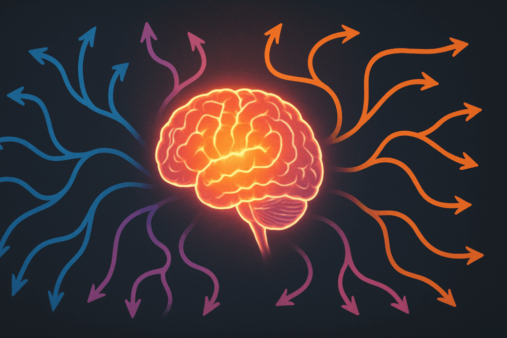 Glowing brain with colorful branching paths symbolizing user decision-making in vyvamind vs adderall comparisons