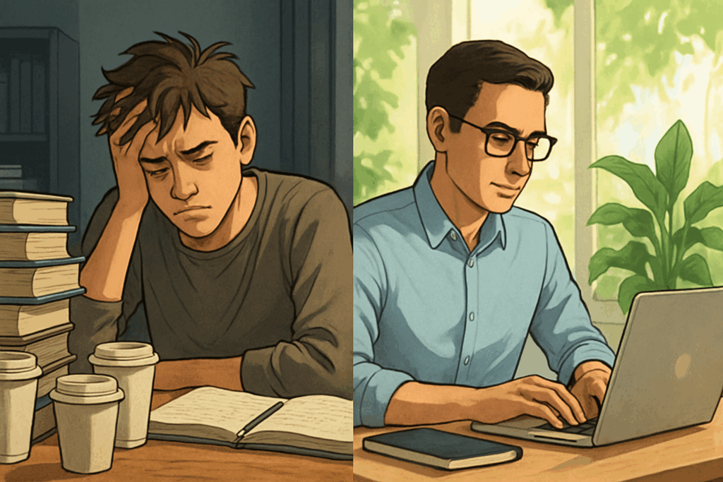 Split-screen scene comparing vyvamind vs adderall effects: tired student with coffee and books versus focused professional in natural light.