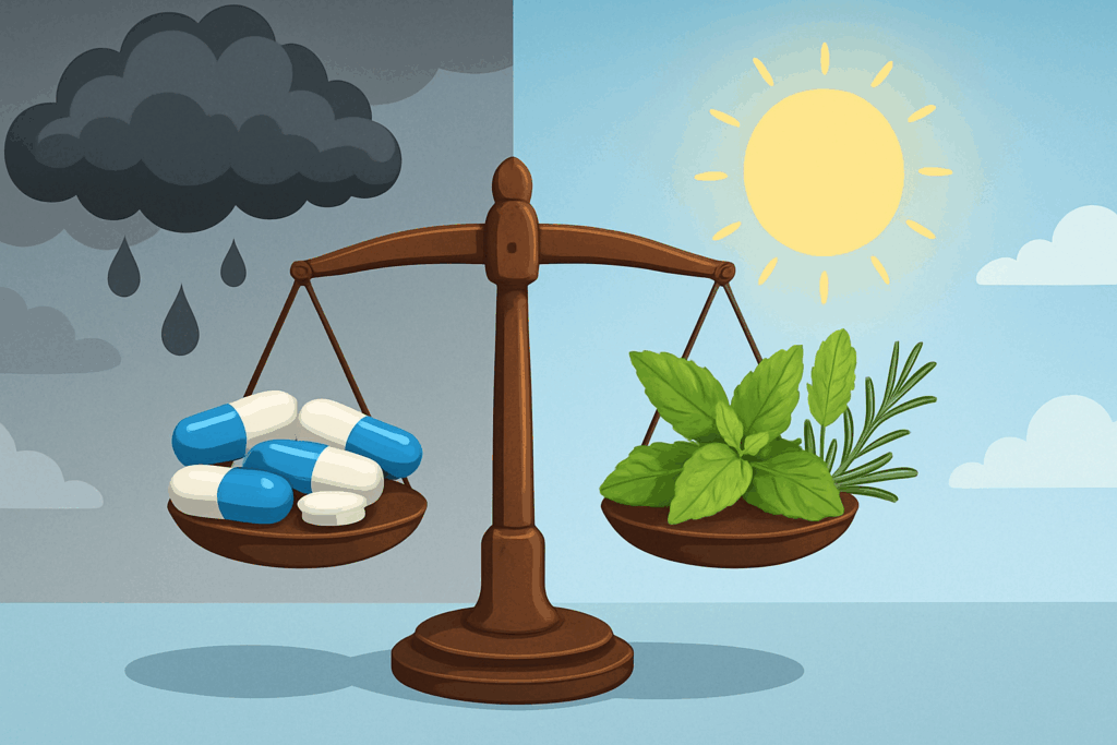 Balancing scale showing vyvamind vs adderall with herbs under sunny skies and pills beneath storm clouds.
