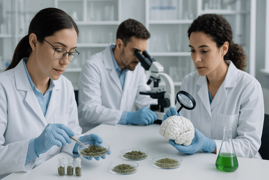 Scientists in a lab studying herbal compounds and brain models to explore natural cognitive enhancers in the context of vyvamind vs adderall