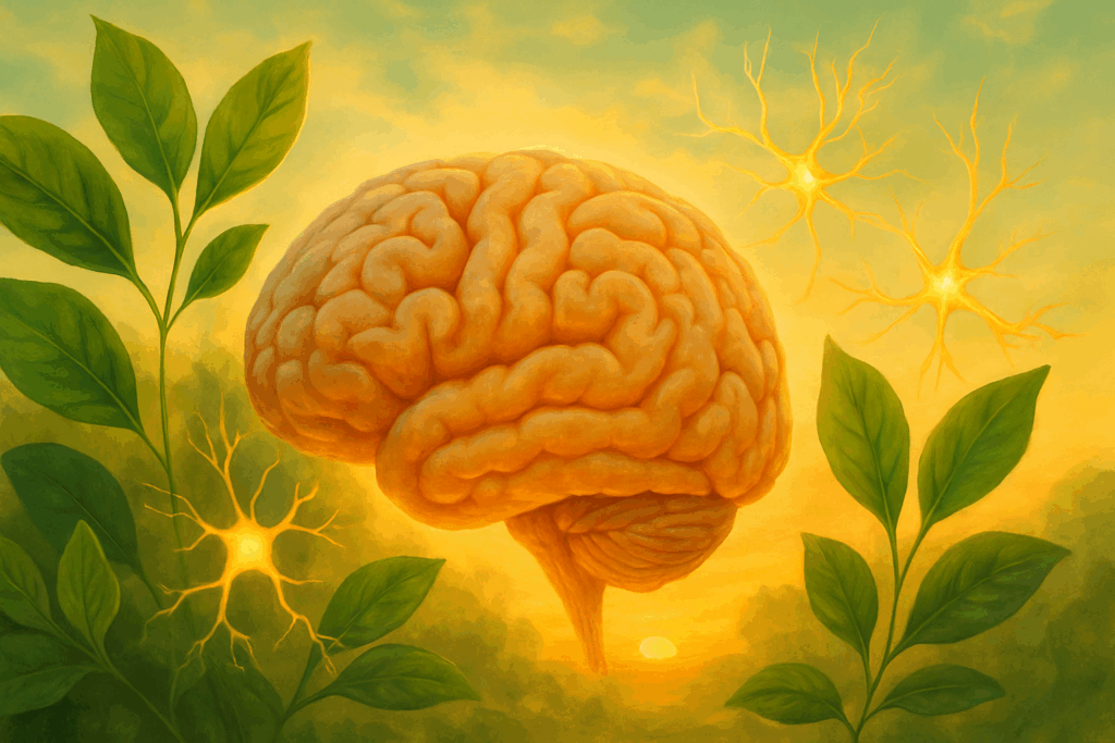 Thriving human brain surrounded by green leaves and glowing neurons at sunrise, symbolizing long-term wellness in the vyvamind vs adderall debate.