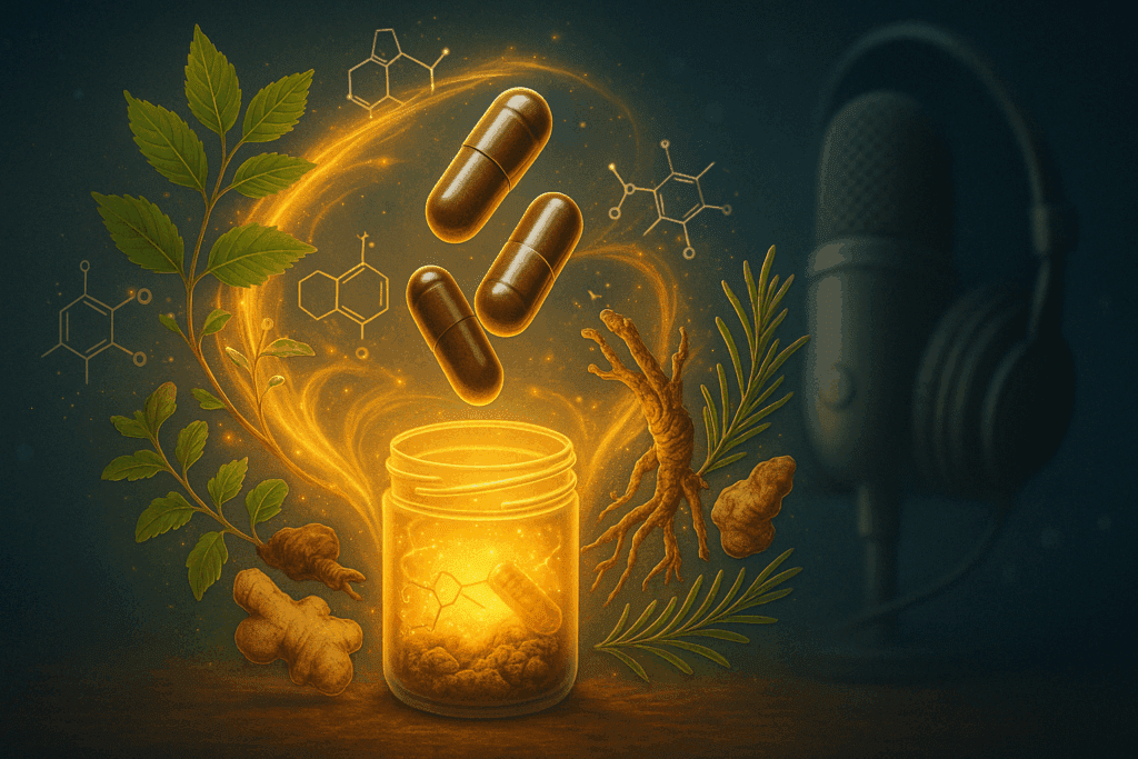 Alpha Brain capsules glowing with herbal elements and scientific icons, subtly nodding to a Joe Rogan Alpha Brain promo code.