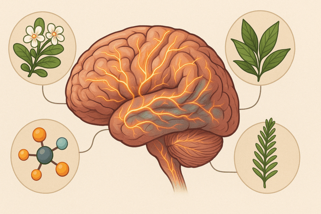 Cutaway brain diagram with neural pathways linked to ingredients promoted in Joe Rogan Alpha Brain promo code.