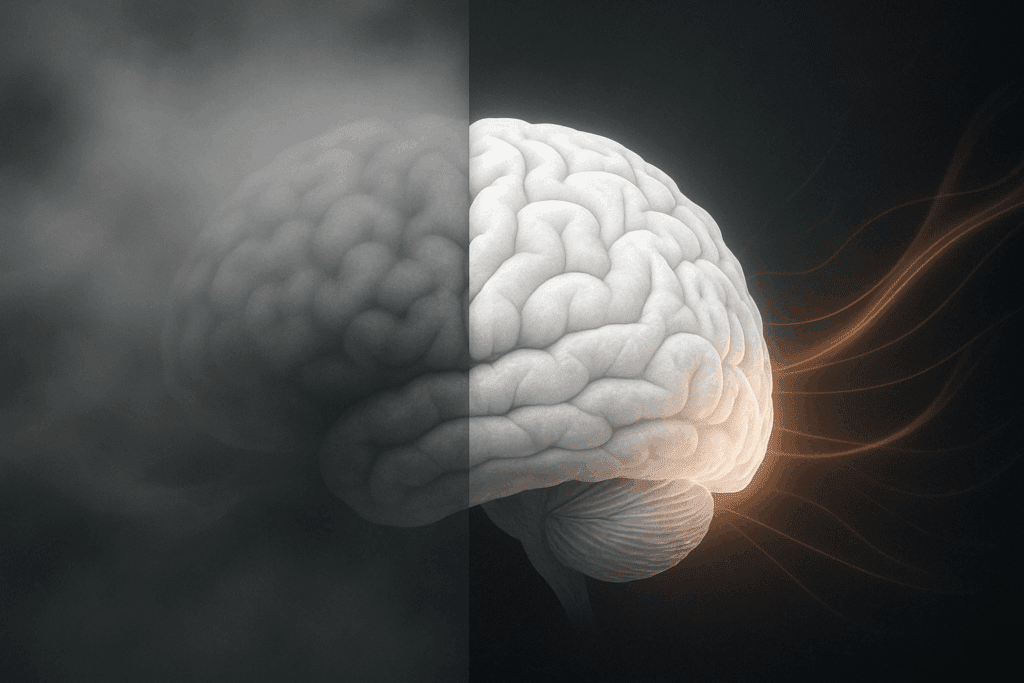 Stylized brain transitioning from foggy and cluttered to clear and focused, symbolizing effects of Joe Rogan Alpha Brain promo code.