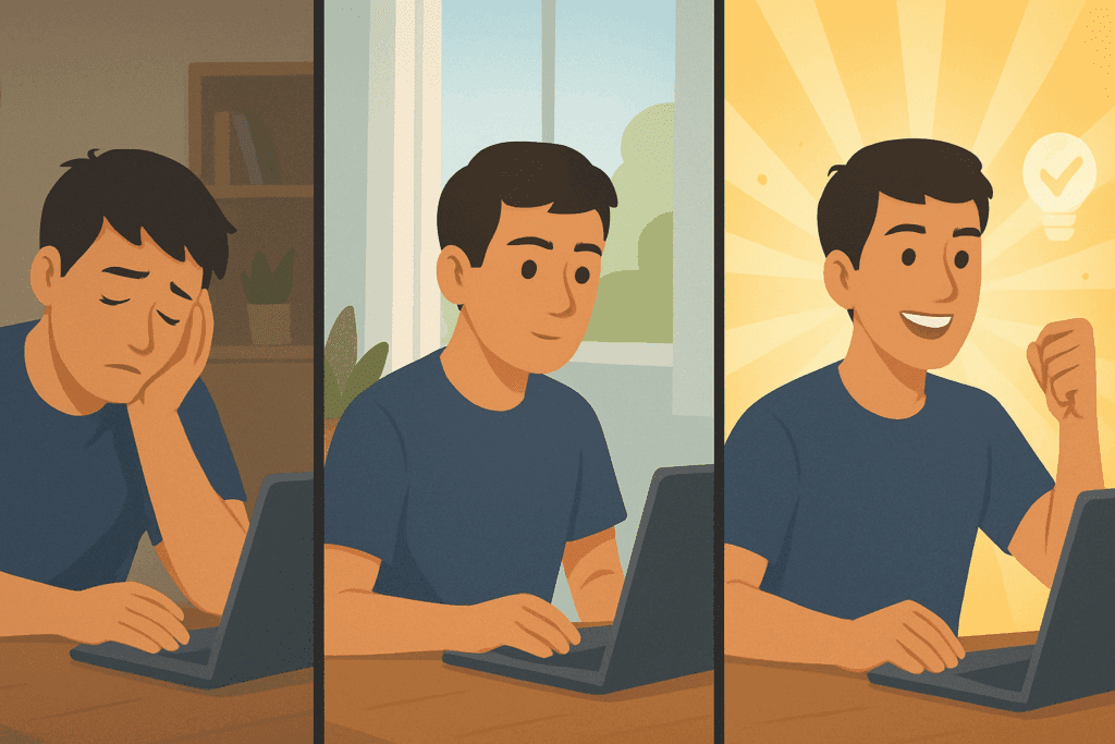 Three-panel illustration of a man at a desk transitioning from tired to focused to energized, representing effects linked to Joe Rogan Alpha Brain promo code benefits.
