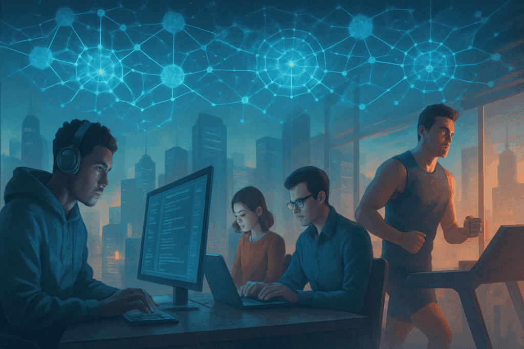 Futuristic workspace scene symbolizing enhanced focus from using Joe Rogan Alpha Brain promo code, with professionals and athletes in high-performance settings.