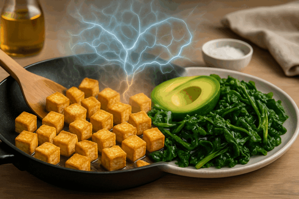 Tofu stir-fry with leafy greens and avocado on a kitchen counter, representing vegan and vegetarian sources of choline.