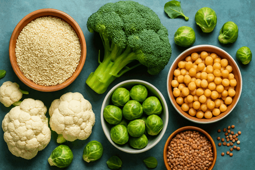 Colorful assortment of Vegan and Vegetarian Sources of Choline, including quinoa, broccoli, Brussels sprouts, chickpeas, cauliflower, and lentils arranged on a vibrant tabletop.