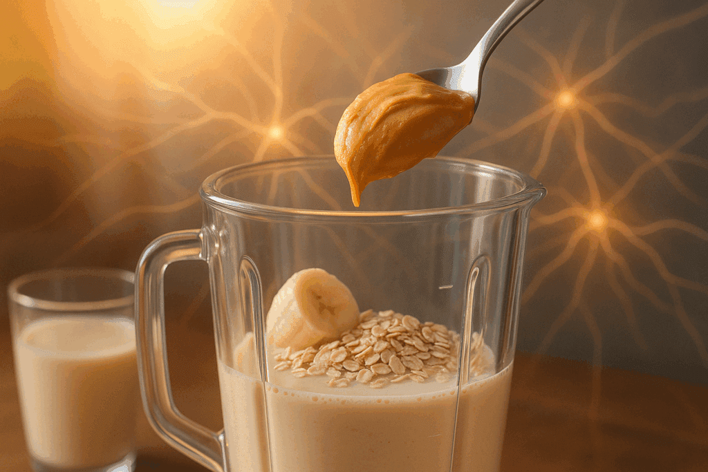 Spoonful of peanut butter above a blender with banana, soy milk, and oats—common vegan and vegetarian sources of choline.