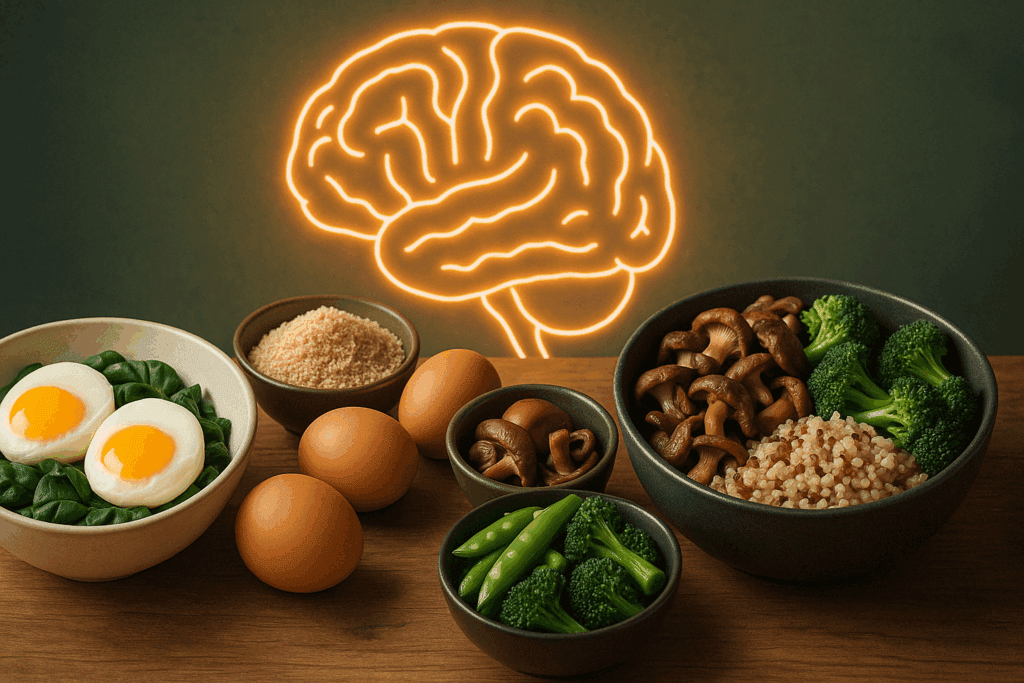 Vegetarian meal prep with eggs, quinoa, shiitake mushrooms, wheat germ, and green vegetables, highlighting vegan and vegetarian sources of choline.