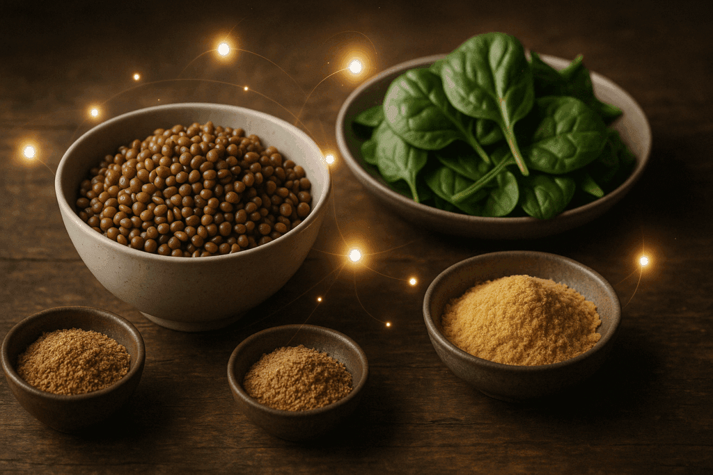 Plant-based meal featuring lentils, spinach, ground flaxseeds, and nutritional yeast, representing Vegan and Vegetarian Sources of Choline.