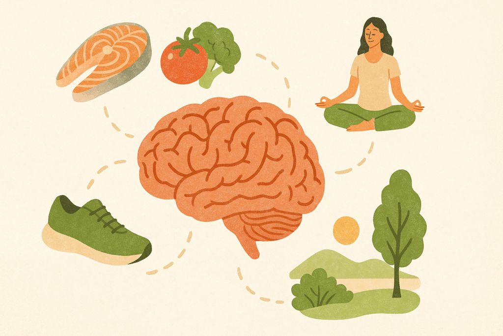 Illustration of a healthy brain surrounded by icons of food, exercise, meditation, and nature, symbolizing holistic adderall alternatives for adults