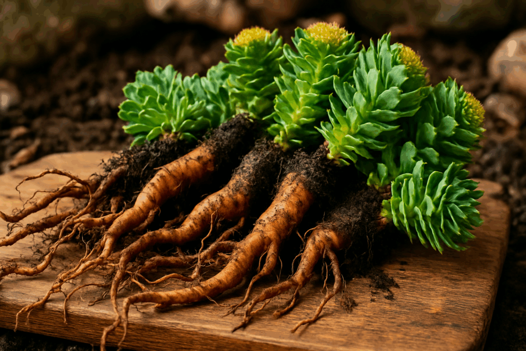Freshly harvested Rhodiola rosea roots on a wooden surface, showcasing a natural herb used in adderall alternatives for adults.