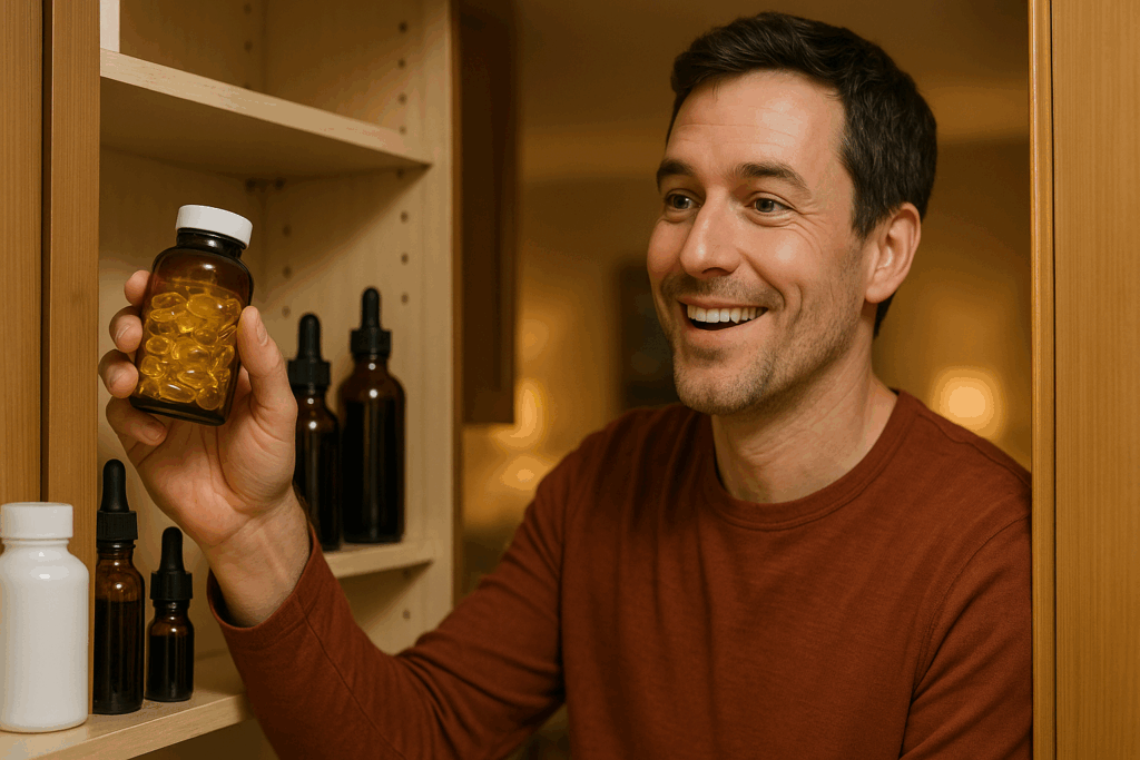 Smiling adult man reaching into a supplement cabinet with omega-3 capsules and herbal tinctures, exploring adderall alternatives for adults.