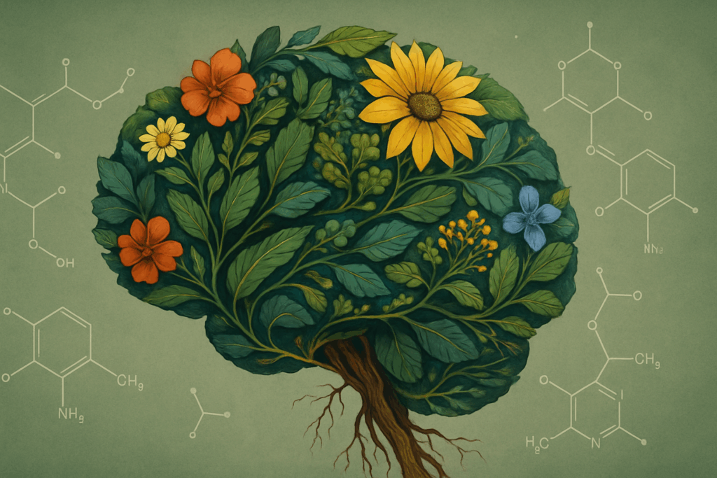 Artistic illustration of a human brain formed from vibrant plants, roots, and flowers, symbolizing natural cognitive enhancement and adderall alternatives for adults
