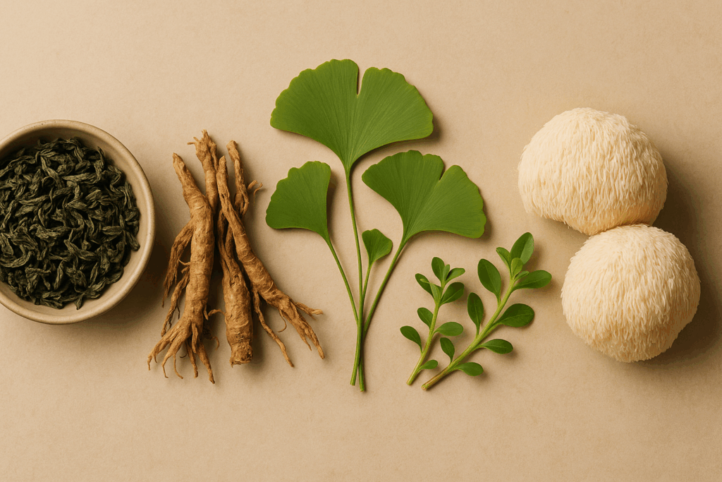 Green tea leaves, Rhodiola root, Ginkgo biloba, Bacopa monnieri, and Lion’s Mane mushrooms displayed on beige paper—natural adderall alternatives for adults.