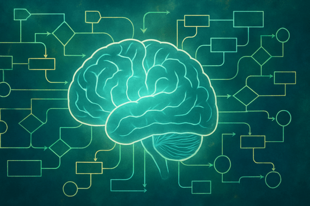 Conceptual illustration of a human brain with branching decision pathways representing the development of judgment skills