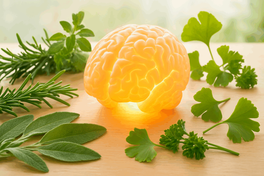 Herbs and a glowing brain model on a table highlighting natural ways to boost cognitive health and judgment skills
