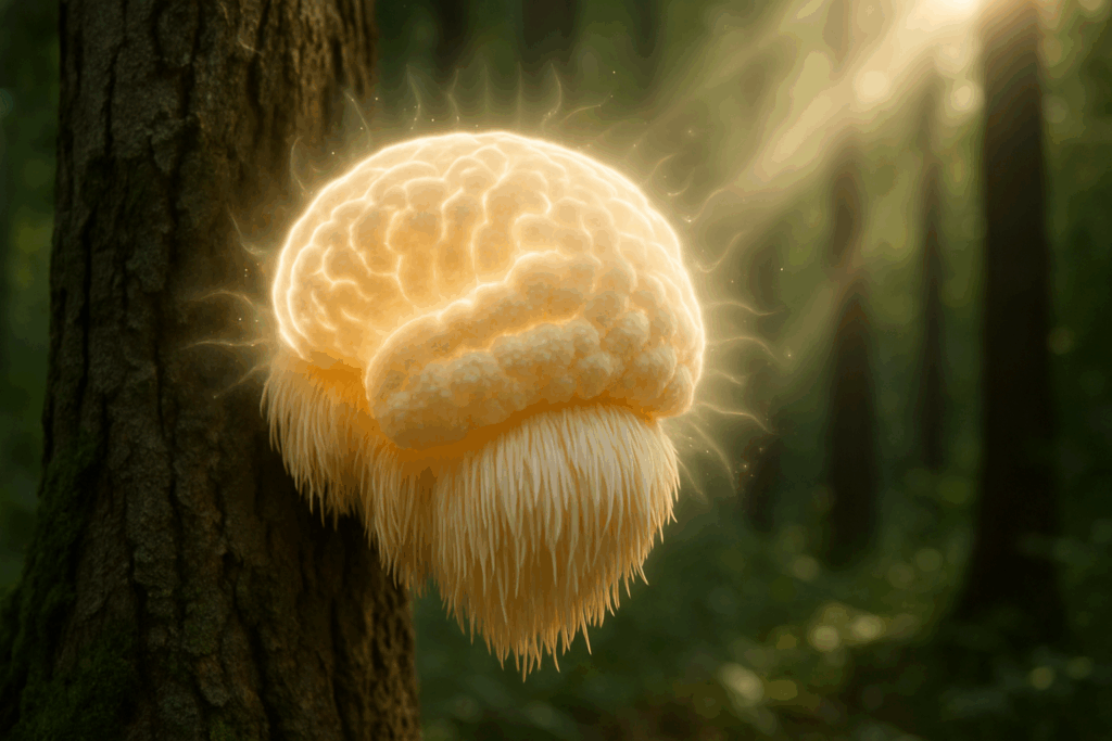Lion’s Mane mushroom growing on a tree trunk illustrating natural brain regeneration and enhancement of judgment skills