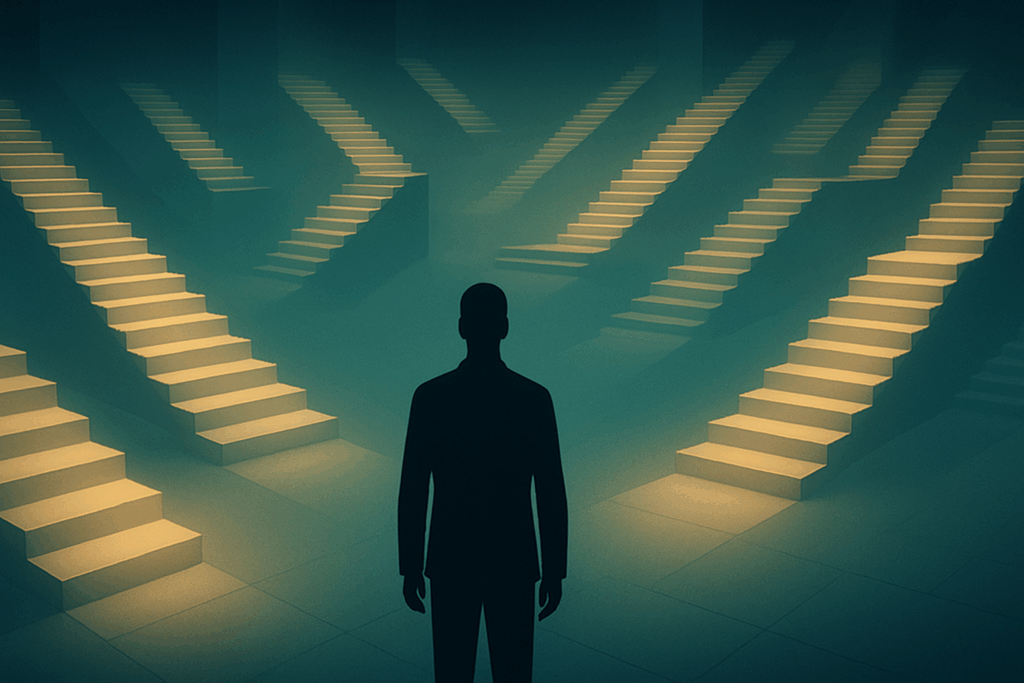 Person facing multiple illuminated paths representing structured decision-making processes to strengthen judgment skills