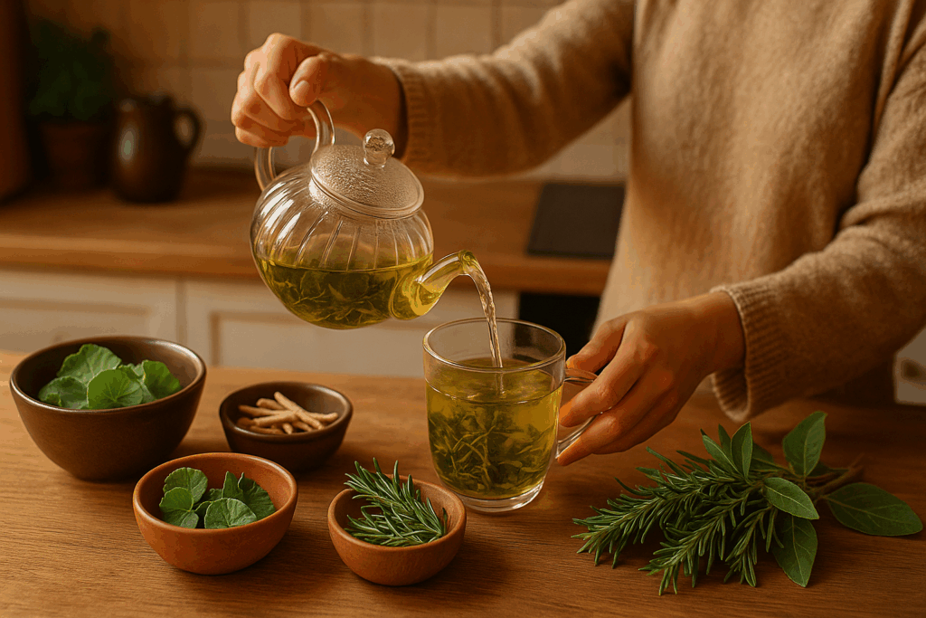 Hands brewing herbal tea in a cozy kitchen as a natural daily strategy to enhance cognitive clarity and judgment skills